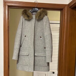 J. Crew Light Gray Wool-Blend Pea Coat with Faux Fur Trim